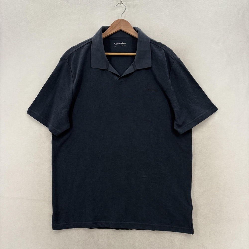 Calvin Klein Polo Shirt Mens Large Blue Solid Cotton Knit Tagless Casual Preppy